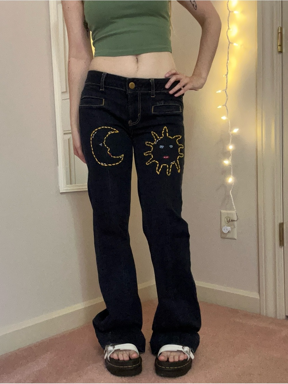 Sun and Moon Embroidered Low Rise Flare Jeans